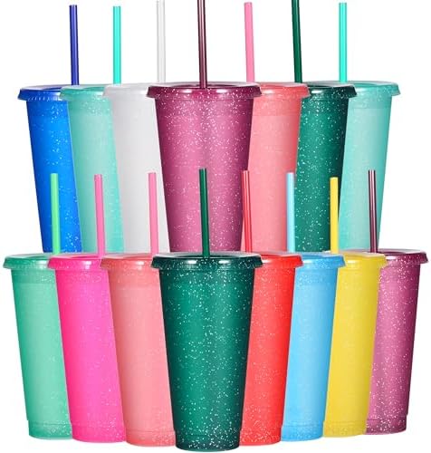 Suertestarry Tumbler with Straw and Lid,Water Bottle Iced Coffee Travel Mug Cup,Reusable Plastic Cups,Perfect for Parties,Birthdays,24oz-15 Pack (15 Pack Glitter, 15 pack)