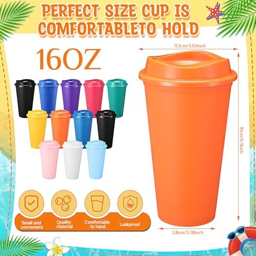 Honeydak 45 Pack 16 oz Reusable Coffee Cups with Lids Water Bottle Iced Coffee Travel Mug Reusable Portable Plastic Tea Tumblers Bulk for Hot and Cold Drinks Birthdays Party(Classic,Multicolor)