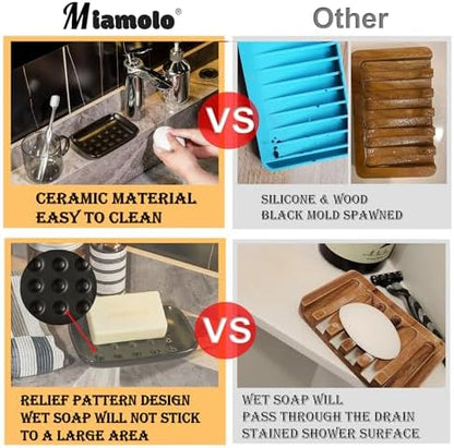 Miamolo Soap Dish, Ceramic Soap Holder Shower Soap Dish for Bar Soap Sponge, Soap Saver Tray for Bathroom Kitchen Sink, Black