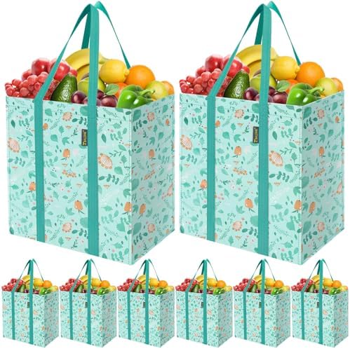 BALEINE 8 PK Grocery Bags Reusable Shopping Bags with Reinforced Bottom, Heavy Duty Foldable Tote Bags (Spring Stroll)