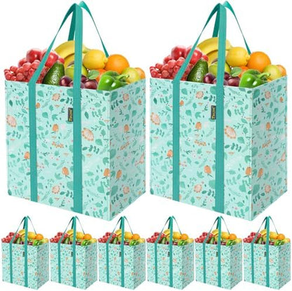 BALEINE 8 PK Grocery Bags Reusable Shopping Bags with Reinforced Bottom, Heavy Duty Foldable Tote Bags (Spring Stroll)