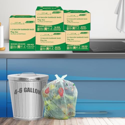 BEIDOU-PAC 4-6 Gallon Flap Tie Compostable Trash Bags, 304 Count, Compost Bags Kitchen Trash Bags, Sturdy Garbage Bags Food Scrap Waste Bags, ASTM D6400, US BPI Certified