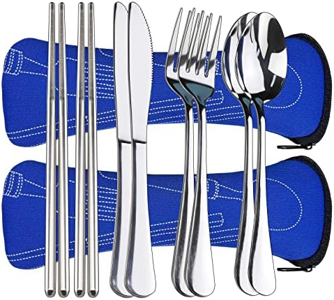 10PCS Portable Silverware Set with Case, Lengnoyp Travel Camping Utensils Set, Premium Stainless Steel Travel Cutlery Set, Reusable Safe Flatware Sets for Lunch Box/Workplace/Students, Silver