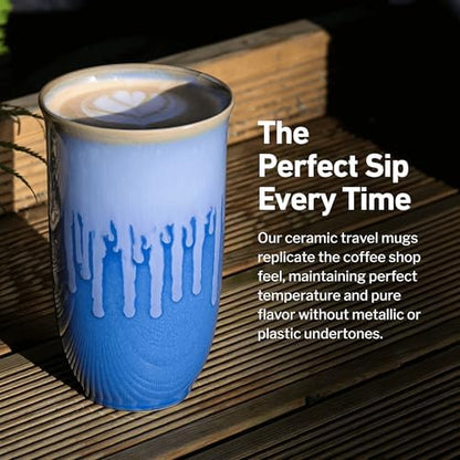 NOVA CERAMICS Ceramic Tumbler– Blue Ceramic Mug – Microwave & Dishwasher Safe Coffee White & Orange Tumbler - Leak-Proof Coffee Travel Mug – 16oz – Neptune