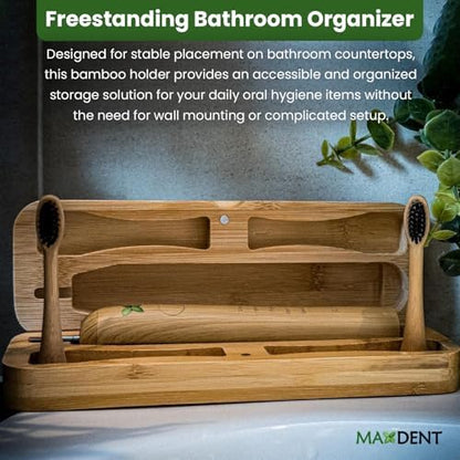 Natural Bamboo Toothbrush Holder, Wooden Bathroom Organizer with 3 Compartments, Freestanding Decorative Storage for Manual and Electric Brushes, Compact Design (12 x 4 x 3.5 Inch)