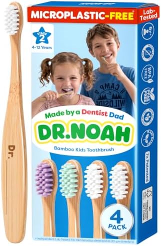 Dr. Noah Microplastic-Free Bamboo Kids Toothbrush, Dentist Designed, Age 4+