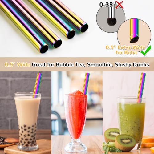 NiHome 8-Pack Stainless Steel Straws for Boba, Smoothie, 10.4” Metal Straws