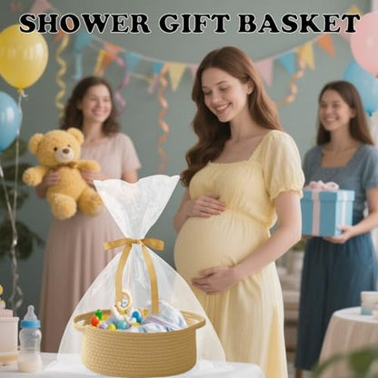 Woven Rope Basket - Baby Gift Basket with Bag & Ribbon