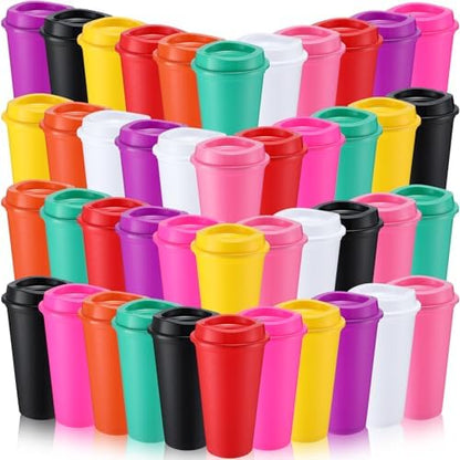 Honeydak 45 Pack 16 oz Reusable Coffee Cups with Lids Water Bottle Iced Coffee Travel Mug Portable Plastic Tea Tumblers Bulk for Hot and Cold Drinks Birthdays Party (Dark Color,Classic)