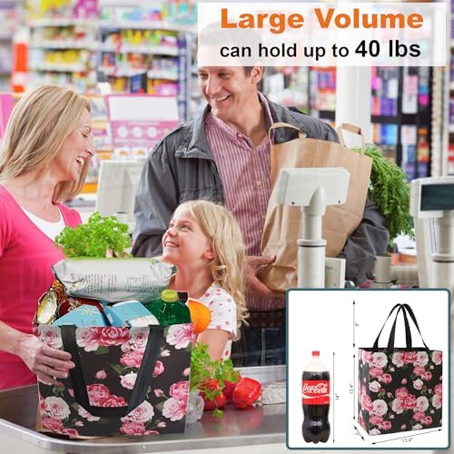 BeeGreen Flower Reusable Shopping Bags For Groceries 6 Pack- Large Foldable Tote Bags- Strong Handles for Heavy Groceries, Perfect for Supermarket, Farmers Market, and Storage Organization