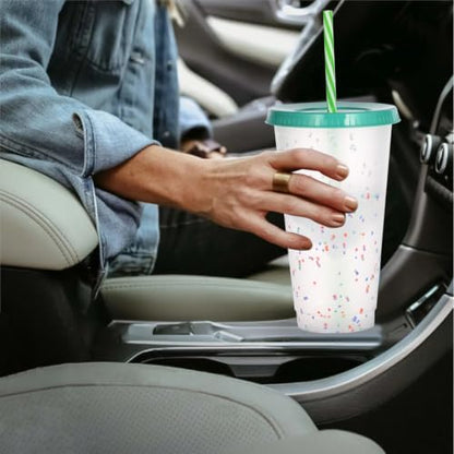 Color Changing Cups, 12 Pack 24oz Plastic Tumblers, Reusable Iced Coffee & Smoothie Cups with Lids and Straws for Parties and Travel (Rainbow, 12 Pack)