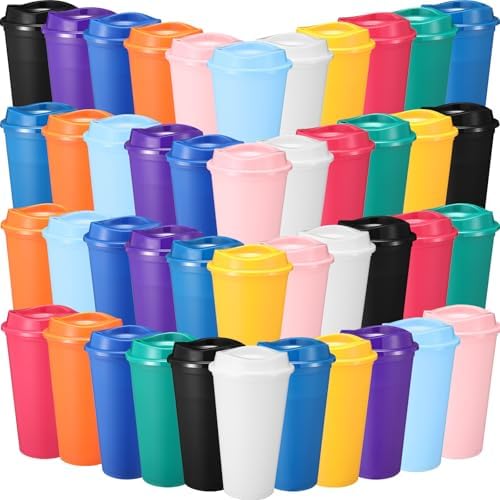 Honeydak 45 Pack 16 oz Reusable Coffee Cups with Lids Water Bottle Iced Coffee Travel Mug Reusable Portable Plastic Tea Tumblers Bulk for Hot and Cold Drinks Birthdays Party(Classic,Multicolor)