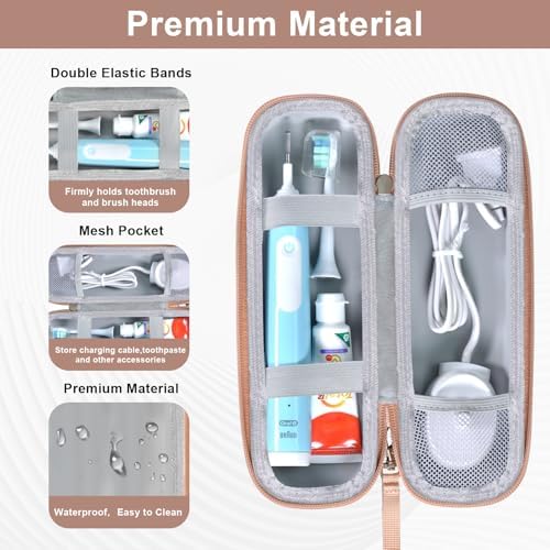 Travel Case for Oral-B/Oral-B Pro/Phlips Sonicare Electric Toothbrush with 2pcs Toothbrush Heads Cover Cap, Portable Hard Protective Storage Bag with Accessories Storage (Gold)
