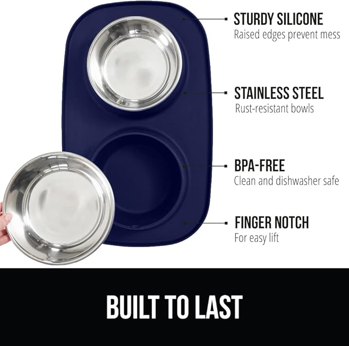 GORILLA GRIP Feeding Mat Set, Patent Pending 100% Waterproof BPA Free Silicone, Stainless Steel Cat and Dog Bowls, Slip Resistant, Edges Catch Water, Food, US Designed Pet Accessories, 1 Cup Navy Blue