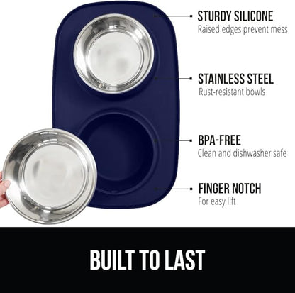 GORILLA GRIP Feeding Mat Set, Patent Pending 100% Waterproof BPA Free Silicone, Stainless Steel Cat and Dog Bowls, Slip Resistant, Edges Catch Water, Food, US Designed Pet Accessories, 2 Cup Navy Blue