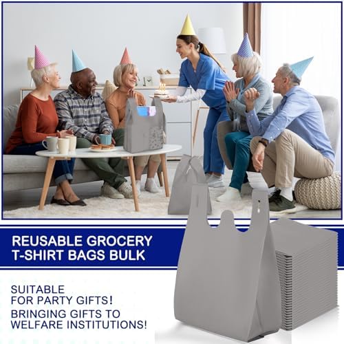 Windyun Large Grocery T-shirt Bags Bulk Reusable Non Woven Shopping Bag Foldable Gift Tote with Handle, 20.5x11x5.5 Inch