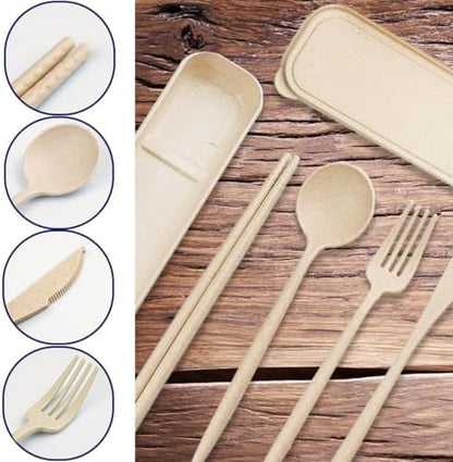 4 Sets Reusable Utensils Set with Case,Camping Cutlery Set Travel Silverware Set with Case Lunch Utensils Set for Work,Utensil Sets for Lunch Picnic Daily Use Outdoor (Beige)