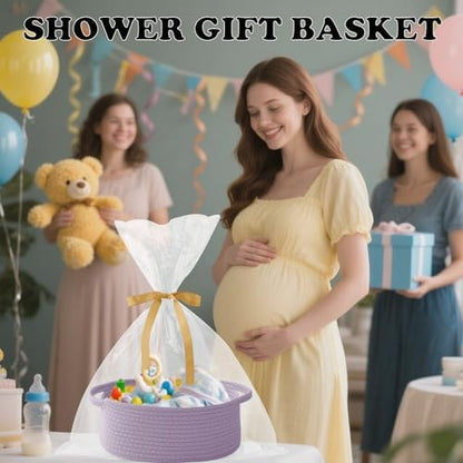 Purple Woven Rope Basket - Baby Gift Basket with Bag & Ribbon