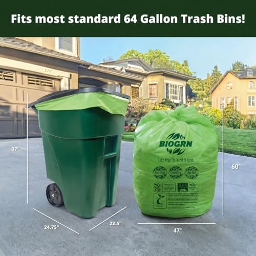 60-64 Gallon Compostable Trash Bags, 12 Count, 2 Mil Heavy Duty Flat Top Large Trash Bags, 243L Lawn & Yard Waste Bags for Outdoor Garden Cleanup, ASTM D6400 BPI & OK Compost HOME Certified