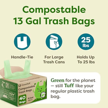 13 Gallon Compostable Trash Bags (40 Count) — Leakproof Plant-based Thick (1.1 Mil) Tall Kitchen Garbage Bags — ASTM D6400 BPI Certified — Heavy-Duty Large Food Scrap Liner Bag with Handle-Tie