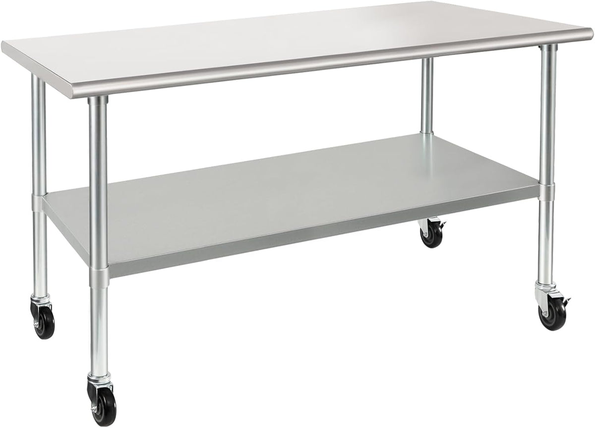 HARDURA Stainless Steel Table with Wheels 30 x 60 Inches Casters NSF Heavy Duty Commercial Work & Prep Table with Undershelf and Galvanized Legs for Restaurant Kitchen Bar and Hotel Garage