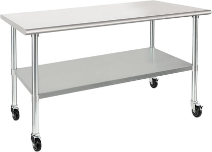 HARDURA Stainless Steel Table with Wheels 30 x 60 Inches Casters NSF Heavy Duty Commercial Work & Prep Table with Undershelf and Galvanized Legs for Restaurant Kitchen Bar and Hotel Garage