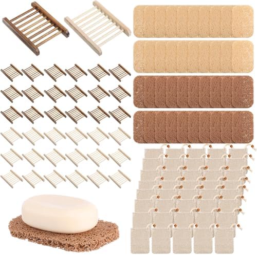 Irenare 120 Pcs Soap Saver Set, Wooden Dish Bar Soap Mesh Bag Pads Bulk