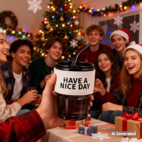 BLUEPOLAR 13oz/400ml Glass Water Tumbler with Straw and Lid Sealed Carry on Thick Wall Iced Coffee Cup for Water, Iced Tea, Fruit Juice (Have a Nice Day)