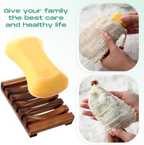 Mumufy 12 Pcs Bamboo Soap Dish Sisal Bag Drain,Mixed Color,Bamboo, Wooden