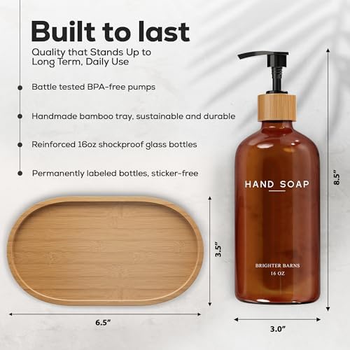 Amber Glass Soap and Lotion Dispenser Set with Tray by Brighter Barns - Hand Soap Dispenser Bathroom Set - Glass Bottles with Pump - Bamboo Home Accessories & Modern Bathroom Decor for Airbnb (Amber)