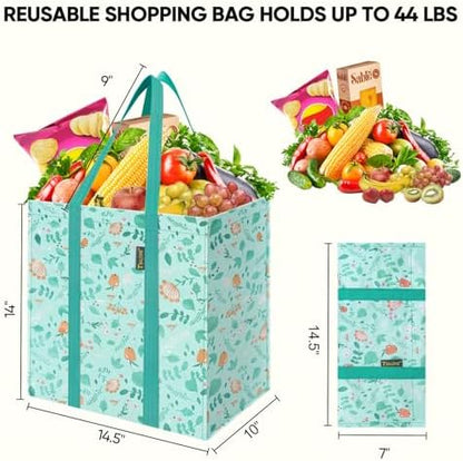 BALEINE 8 PK Grocery Bags Reusable Shopping Bags with Reinforced Bottom, Heavy Duty Foldable Tote Bags (Spring Stroll)