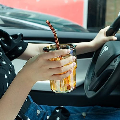 BLUEPOLAR 13oz/400ml Glass Water Tumbler with Straw and Lid Sealed Carry On Thick Wall Iced Coffee Cup Glass Cup for Water, Iced Tea Fruit Juice Etc (Amber)