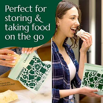 Cleanomic Compostable* Sandwich Size Food Storage Bags (25 Eco Zip) Freezer and Leak Proof, Also Available Gallon, Quart and Snack Size Bags