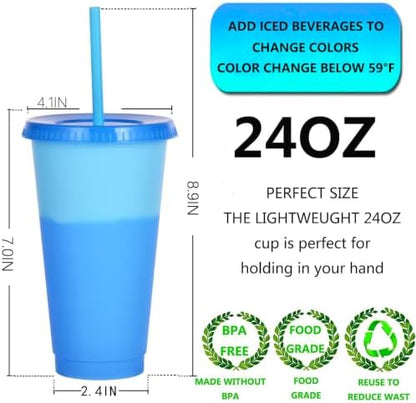 Color Changing Cups, 5 Pack 24oz Plastic Tumblers, Reusable Iced Coffee & Smoothie Cups with Lids and Straws for Parties and Travel (5 Change, 5 Packs)