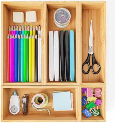 Bamboo Drawer Organizer Boxes, 5 PCS Junk Drawer Organizer, Wooden Storage Trays for Kitchen, Bathroom, Office, Makeup
