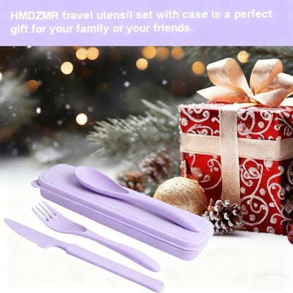 Travel Utensils with Case, Camping Utensil Sets, Wheat Straw Portable Knife Fork Spoons Tableware, Reusable Utensils for Lunch Box (Purple)