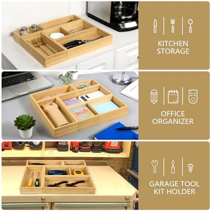 5 Pack Bamboo Drawer Organizer Set, Multi-Use Junk Drawer Organizer for Bathroom, Kitchen, Office, Jewelry, Makeup