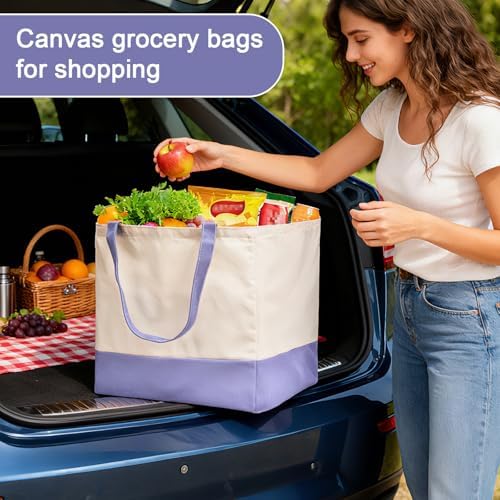 Reusable Grocery Bags Heavy Duty, 8.3 gal Foldable Large Canvas Tote Bag with Handles, Holds 60 lbs Canvas Shopping Bags, 1 Pack（Off White+Light purple）