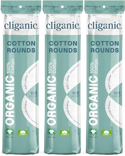 Cliganic Organic Cotton Rounds (300 Count) Makeup Remover Pads, Hypoallergenic, Lint-Free | 100% Pure Cotton