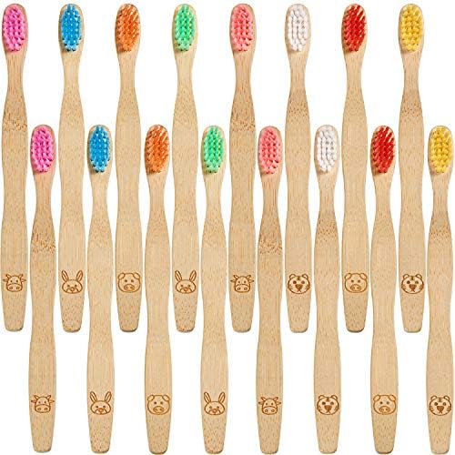 Boao 16 Pcs Kids Bamboo Toothbrush Soft Bristle Natural Toothbrush Wooden for Kids with Colorful Bristles and Ergonomic Animal Designs Handles