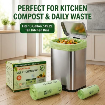 OrangeBio 13 Gallon Compostable Trash Bags, 50 Count, BPI Home Certified
