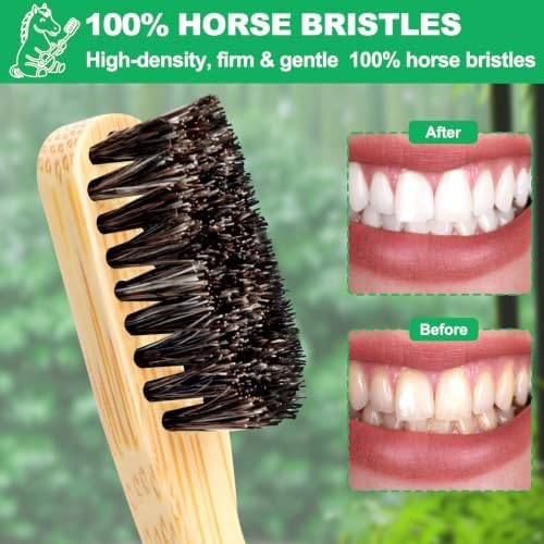 Horse Bristle Toothbrush, Plastic Free Bamboo Toothbrushes, 6 Pack Natural Wooden Toothbrush, Non Toxic & Non Plastic, Wood Tooth Brush, Manual Organic Toothbrush for Adult, Women, Men