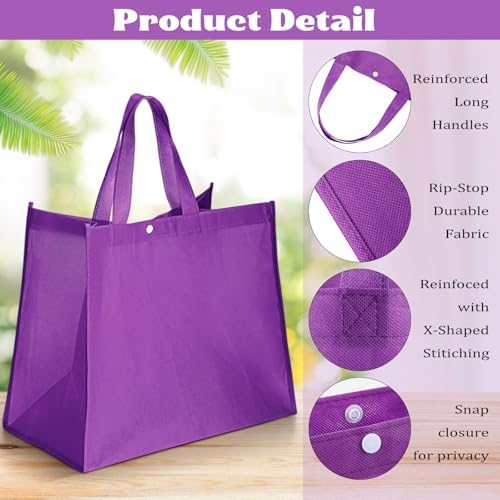 Zhehao 60 Pcs Reusable Grocery Shopping Bags Large Foldable Gift Tote Non Woven Fabric Bags with Handle and Plastic Button for Birthdays, Bridesmaids, Party Favors, 15 x 9.5 x 13 Inch (Purple)