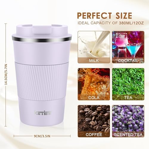 KETIEE Travel Mug 12oz: Insulated Coffee Mug with Leakproof Lid, Travel Coffee Mug Vacuum Stainless Steel Double Walled Reusable Coffee Cup for Hot and Iced Coffee Tea Water (Purple)
