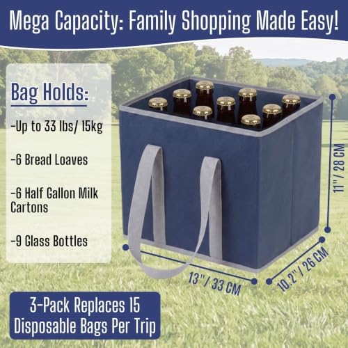 VENO 3 Pack Reusable Grocery Shopping Bags Utility Tote w/Sturdy Handles