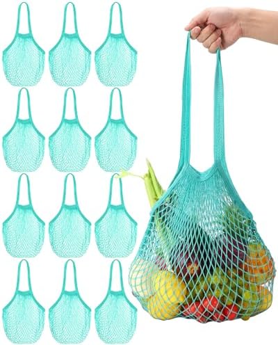 Eccliy 12Pcs Reusable Cotton Mesh Grocery Bag with Handle, Teal, 10 in