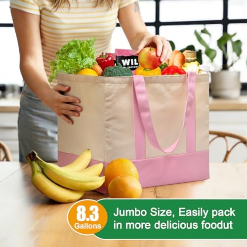 3-Pack Heavy Duty Canvas Reusable Grocery Bags, 8.3 Gal Foldable Large Tote with Handles, Washable Eco-friendly Bags with 5 Pockets, (Pink/Beige)