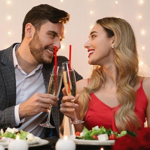 JANYUN 30 Pcs Red Heart Shaped Straws, Reusable Valentines Plastic Straw