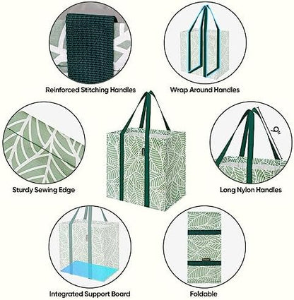 BALEINE 8 PK Grocery Bags Reusable Shopping Bags with Reinforced Bottom, Heavy Duty Foldable Tote Bags (Antique Folidage)