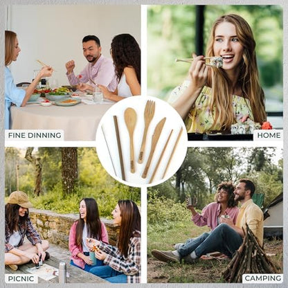 Travel Utensils with Case Set Fork, Knife, Spoon, Chopsticks, Straw, Straw-cleaning brush, Travel Pouch and Carabiner, Excellent For Everyday Use! ((1Set) Sunset Red)